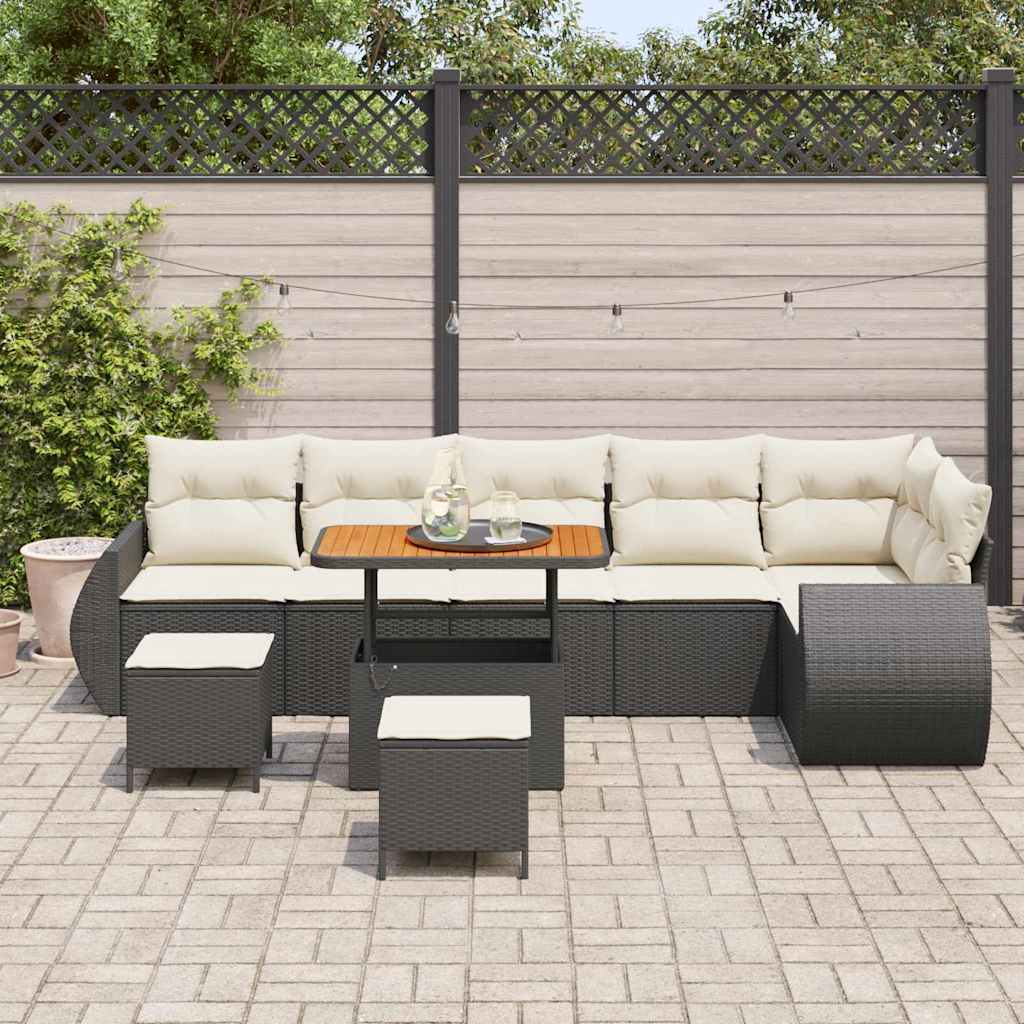Havesofa Sæt med pude med pude 9 pcs Sort og Cream Poly Rattan