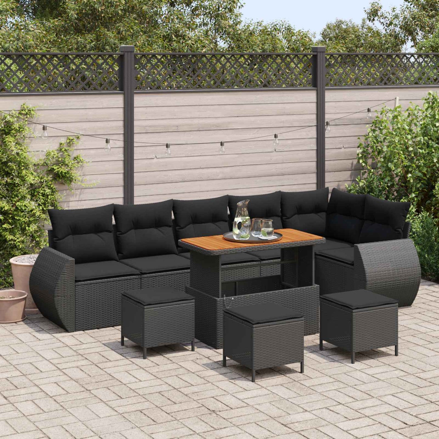 Havesofa Sæt med pude med opbevaring 10 pcs Sort Poly Rattan