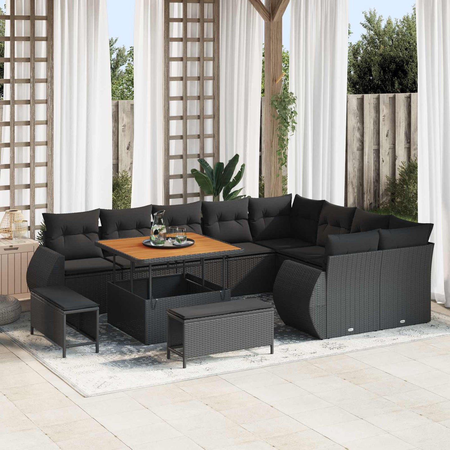 Havesofa Sæt 12 pcs Sort Polyrattan og pulverlakeret stål