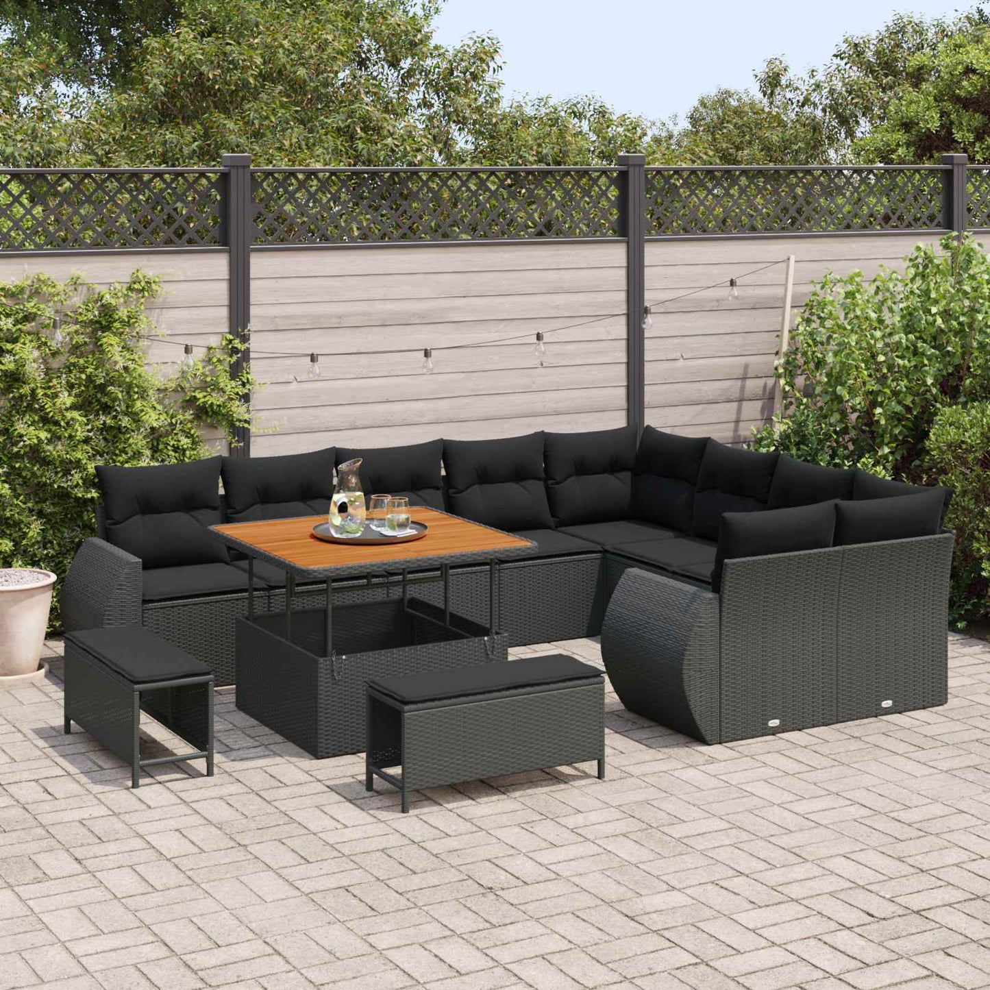 Havesofa Sæt 12 pcs Sort Polyrattan og pulverlakeret stål