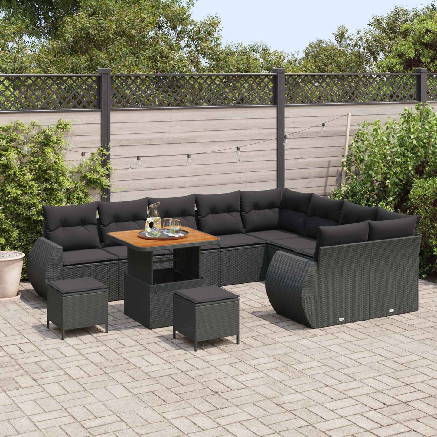 Havesofa Sæt med pude med opbevaring 12 pcs Sort Poly Rattan