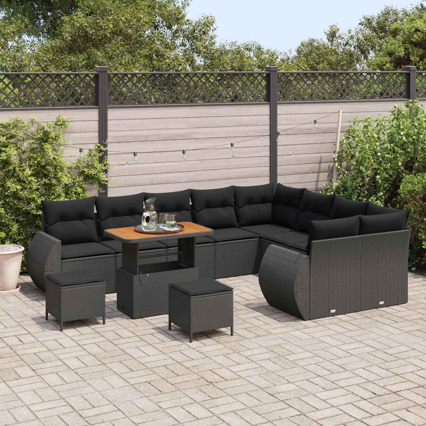 Havesofa Sæt 12 pcs Sort Polyrattan og pulverlakeret stål
