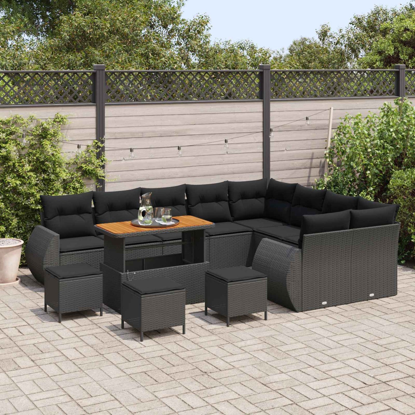 Havesofa Sæt med pude med opbevaring 13 pcs Sort Poly Rattan