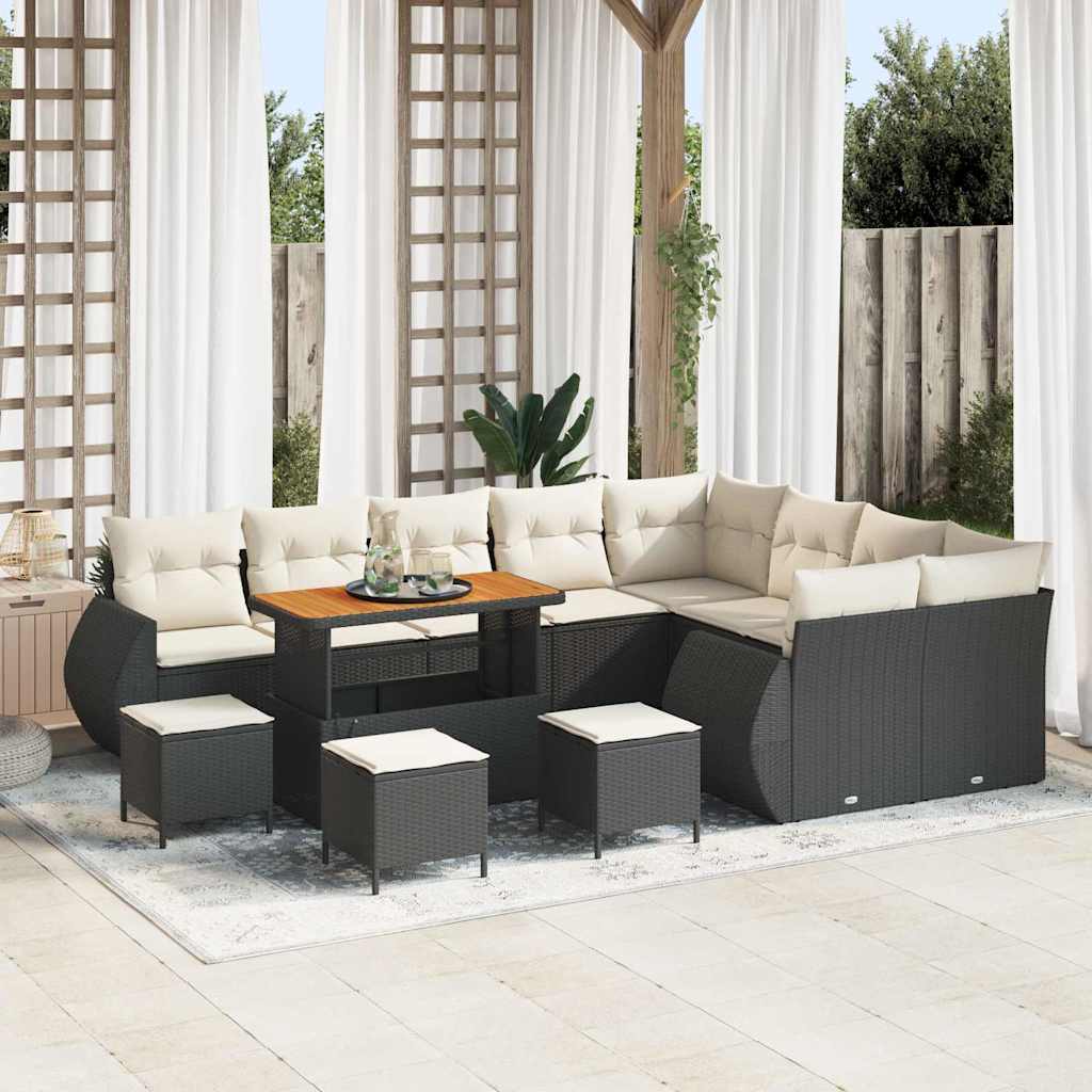 Havesofa Sæt med pude med pude 13 pcs Sort og Cream Poly Rattan