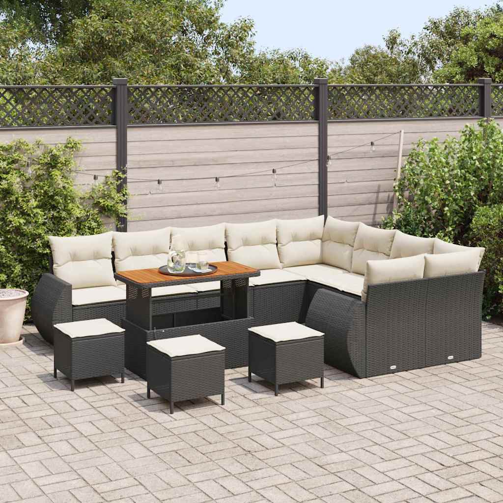 Havesofa Sæt med pude med pude 13 pcs Sort og Cream Poly Rattan