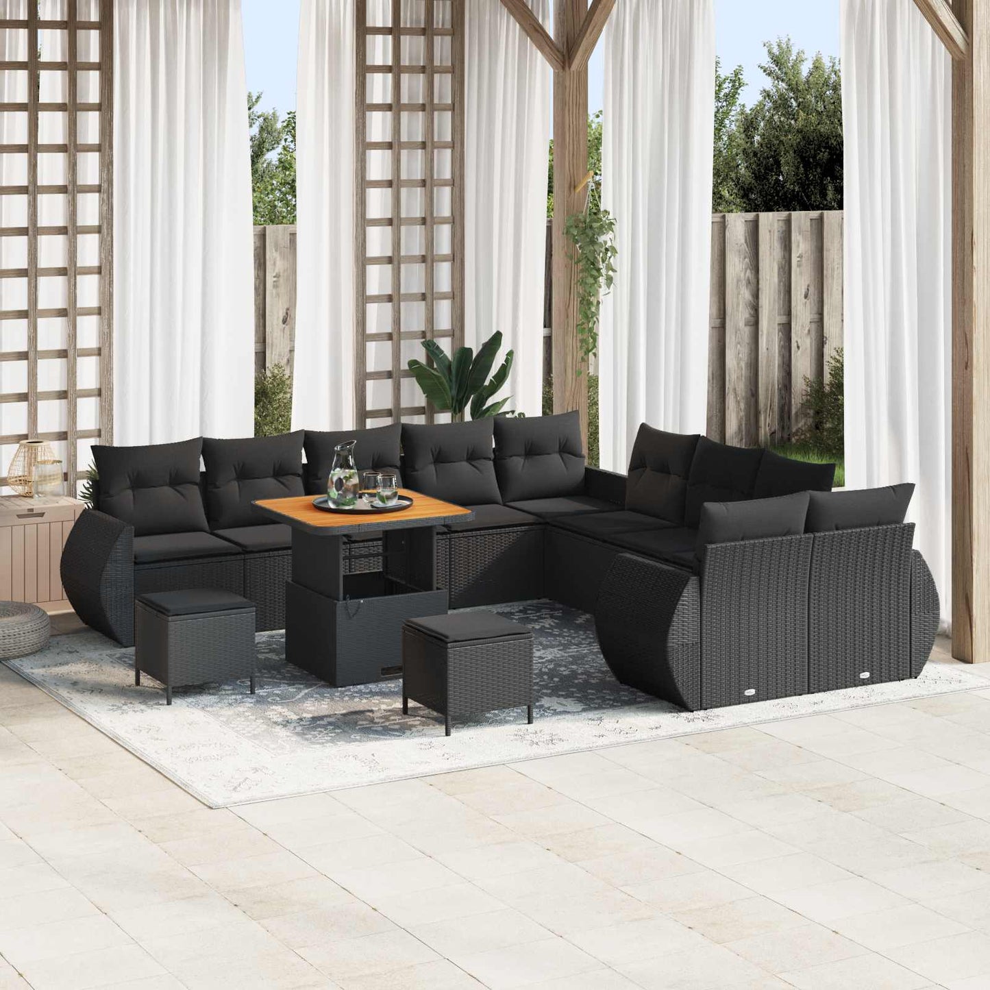 Havesofa Sæt 13 pcs Sort Polyrattan og pulverlakeret stål