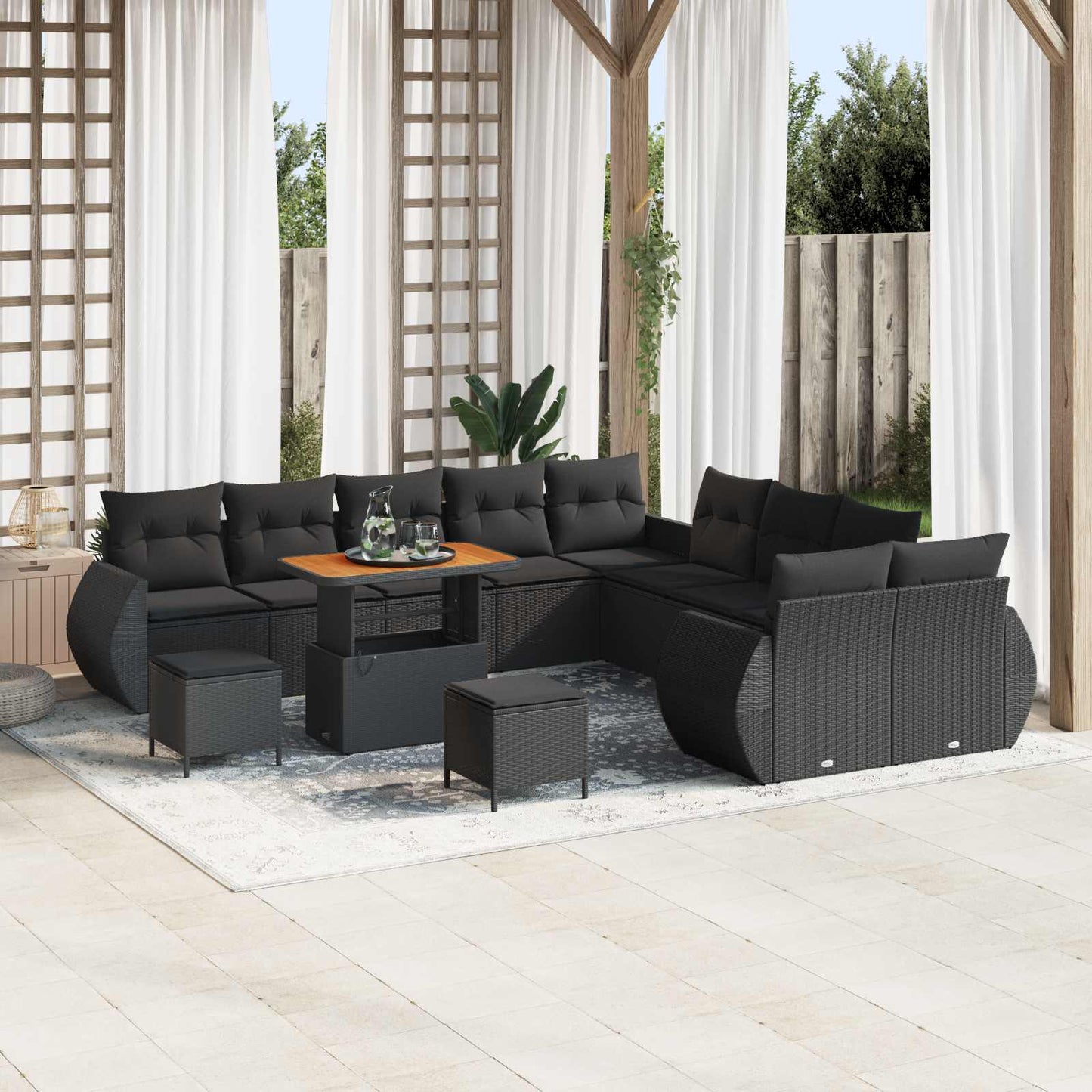 Havesofa Sæt 13 pcs Sort Polyrattan og pulverlakeret stål