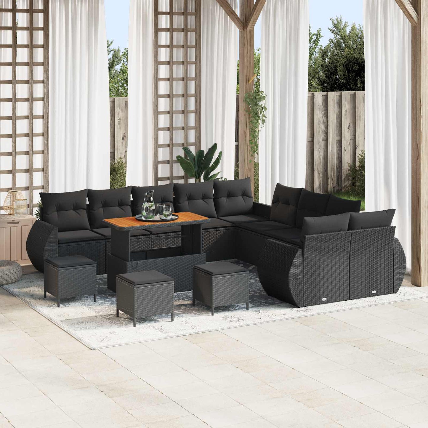 Havesofa Sæt 14 pcs Sort Polyrattan og pulverlakeret stål