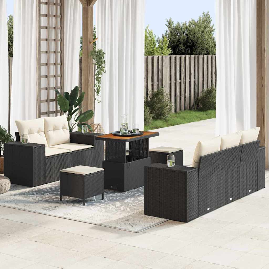 Havesofa Sæt med pude med pude 8 pcs Sort og Cream Poly Rattan