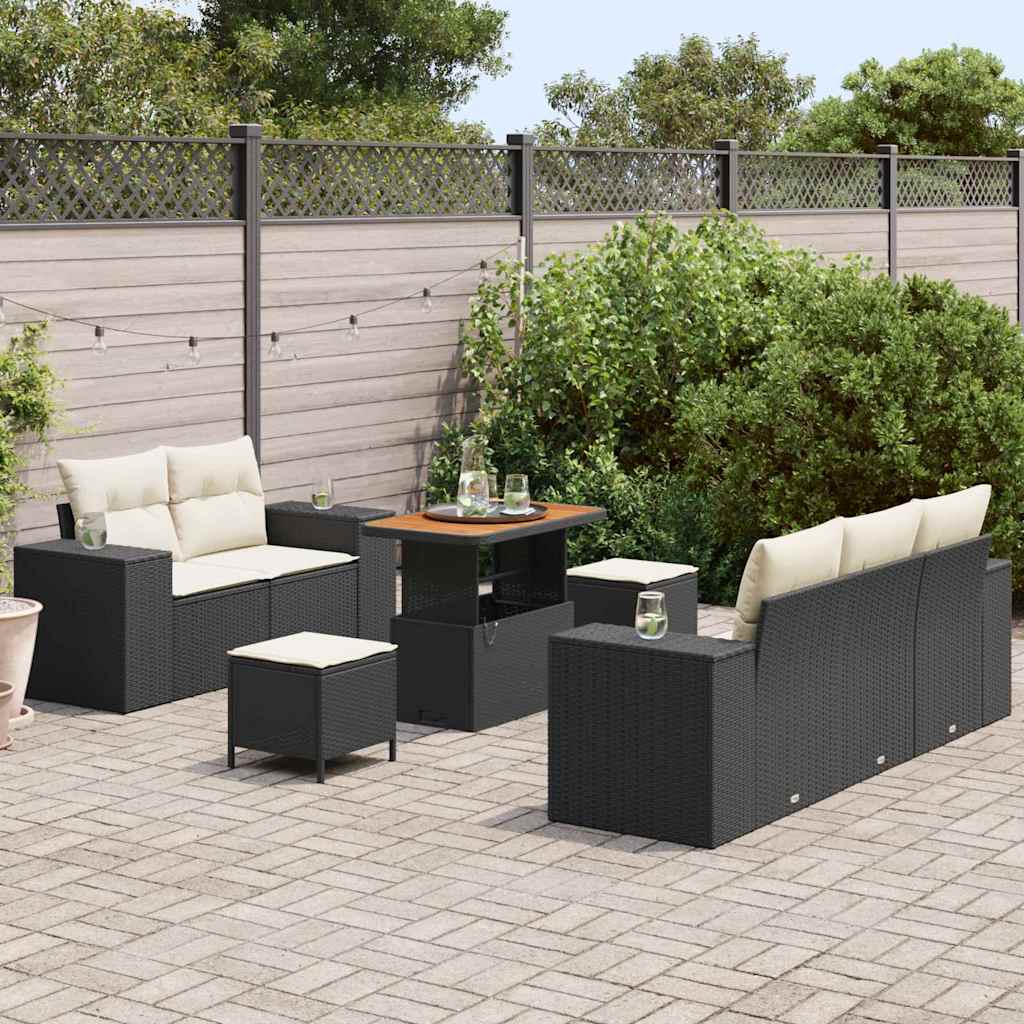 Havesofa Sæt med pude med pude 8 pcs Sort og Cream Poly Rattan