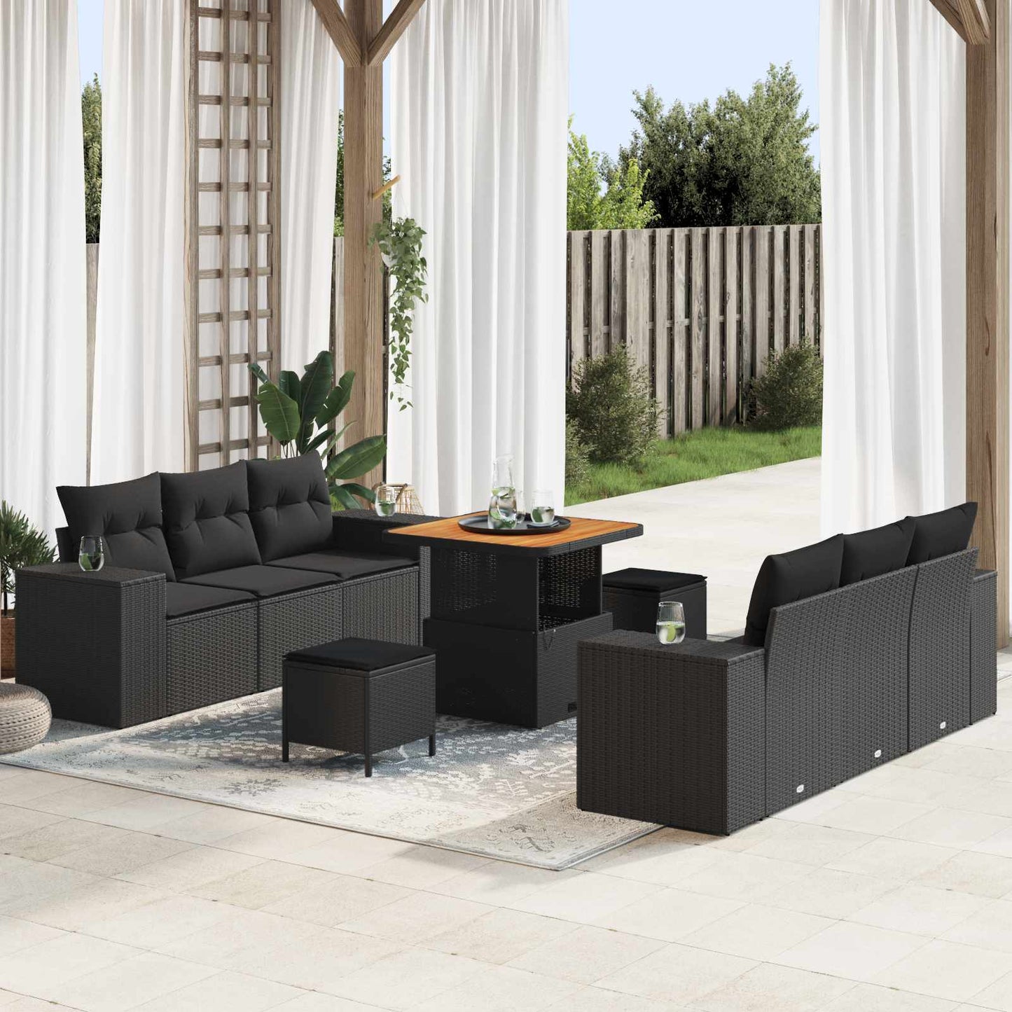 Havesofa Sæt med pude Sort 221 x 204 x 85 cm Poly Rattan