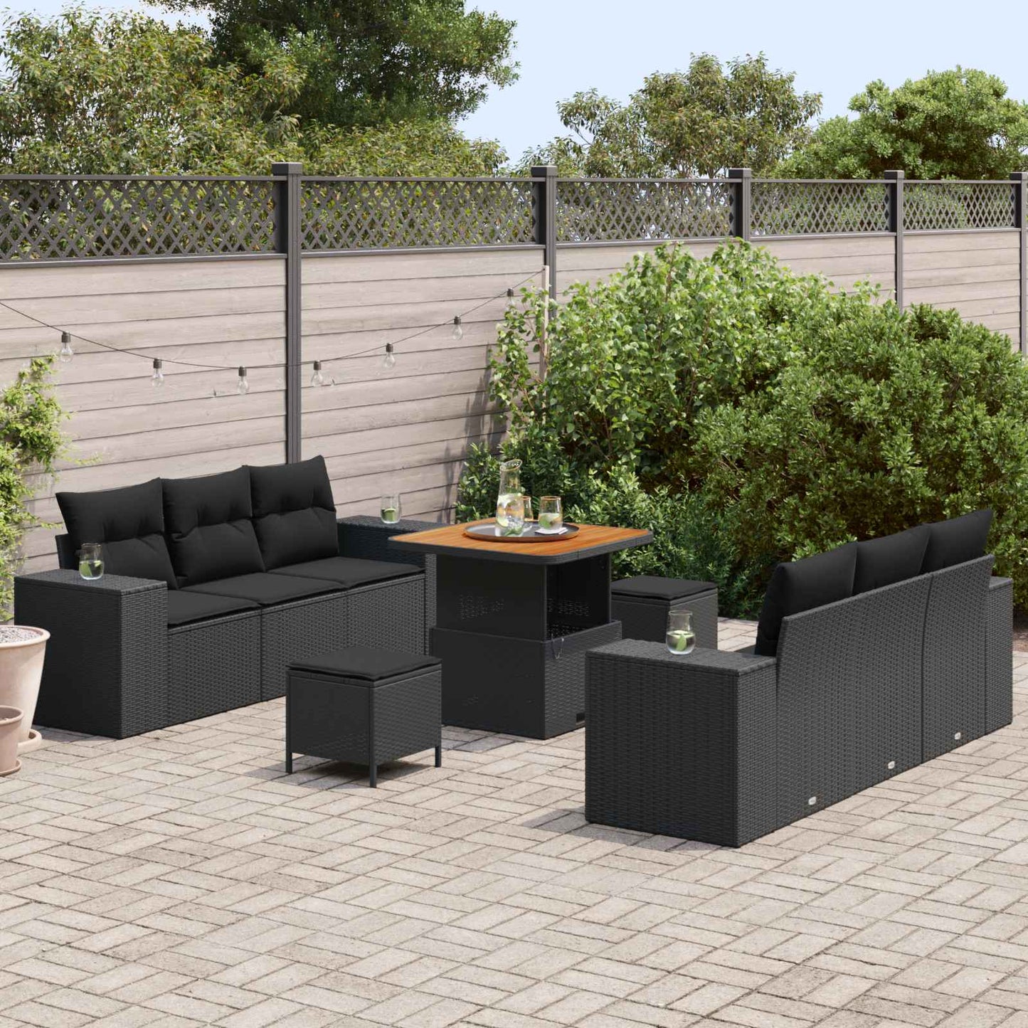 Havesofa Sæt med pude Sort 221 x 204 x 85 cm Poly Rattan