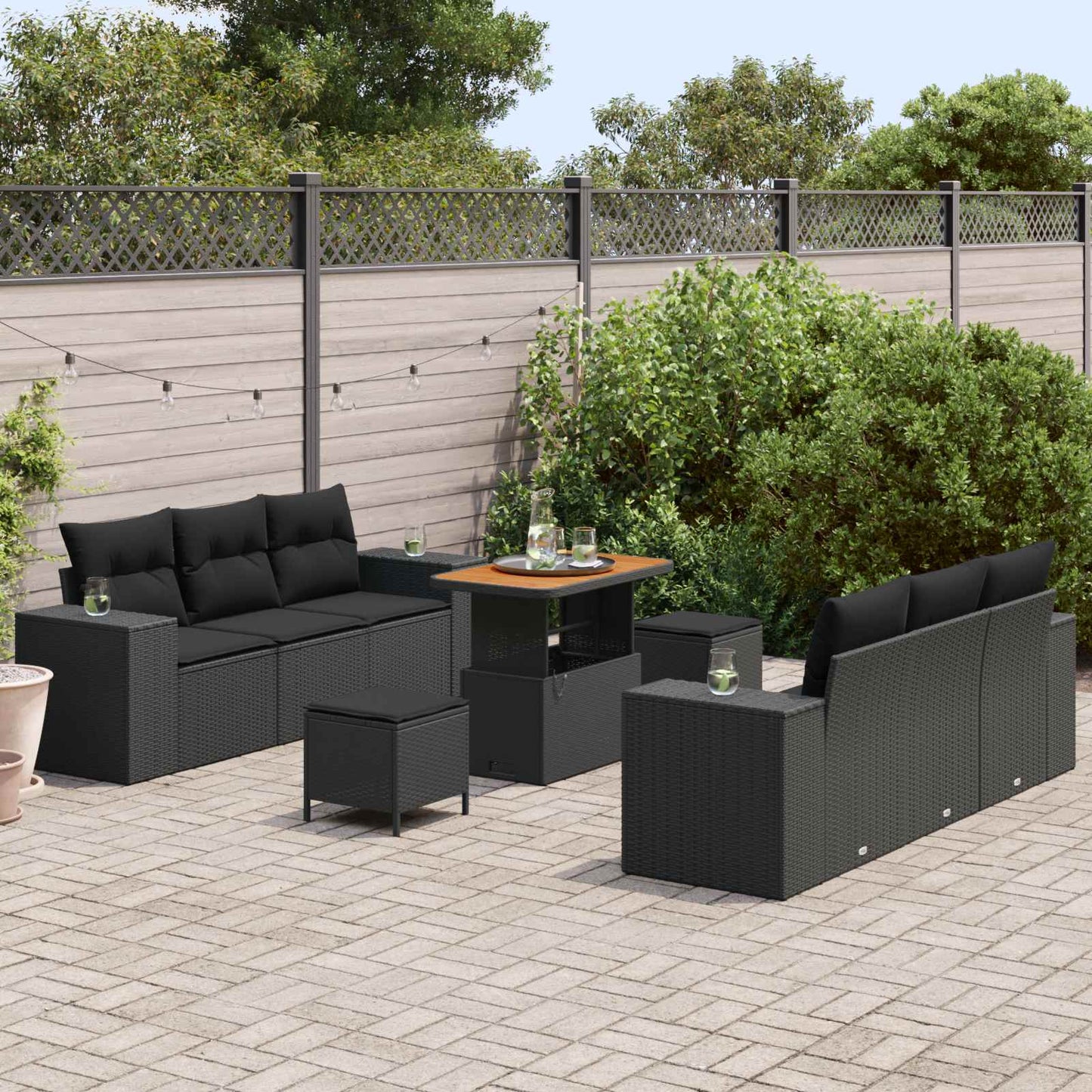 Havesofa Sæt med pude med opbevaring 9 pcs Sort Poly Rattan