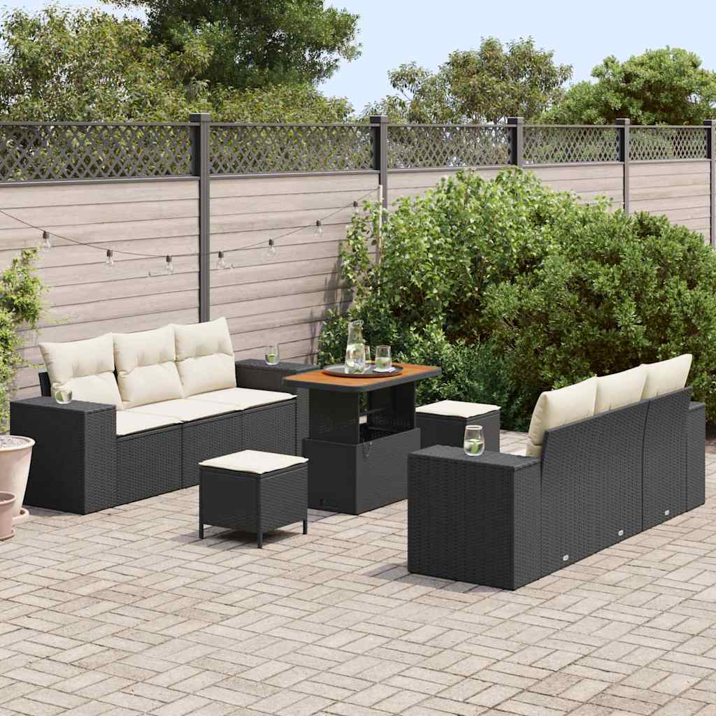 Havesofa Sæt med pude med pude 9 pcs Sort og Cream Poly Rattan