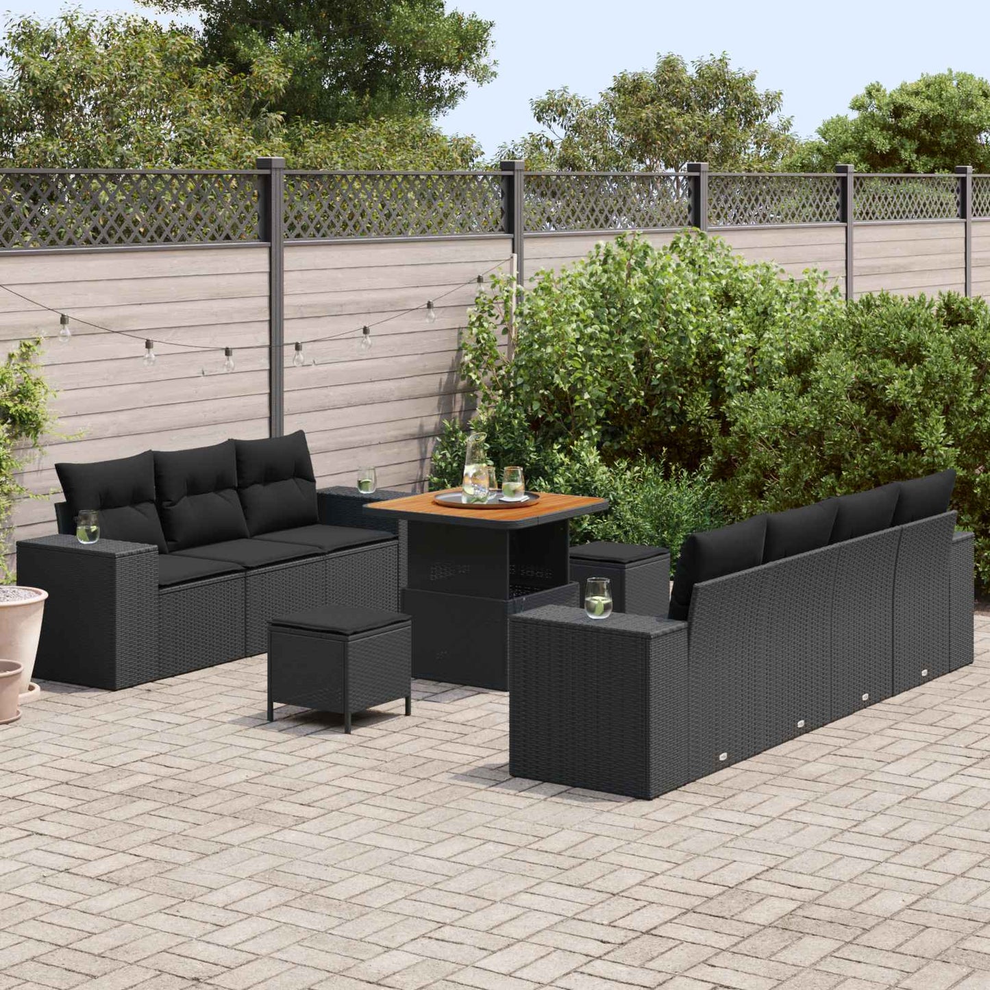 Havesofa Sæt med pude med opbevaring 10 pcs Sort Poly Rattan