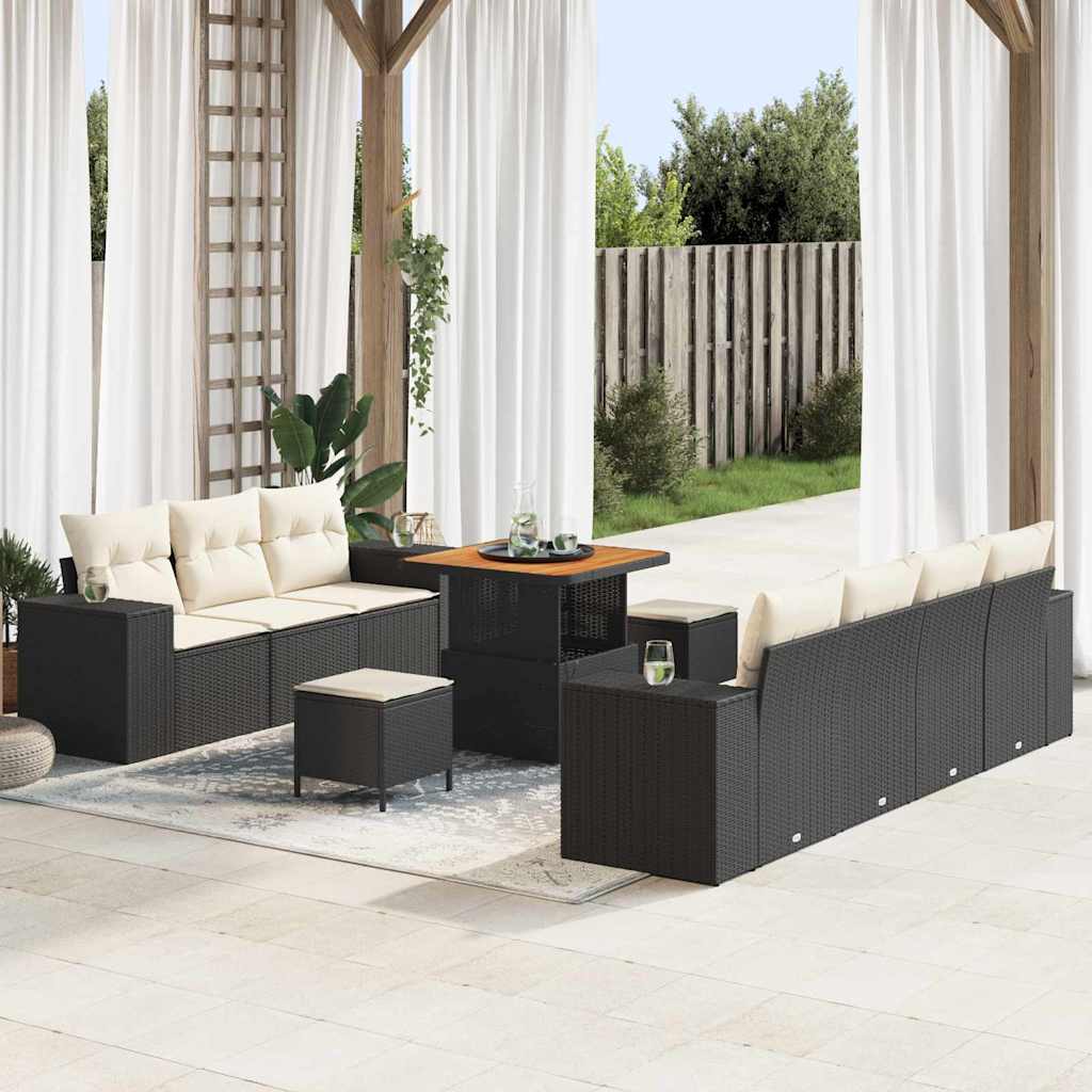 Havesofa Sæt med pude med pude 10 pcs Sort og Cream Poly Rattan
