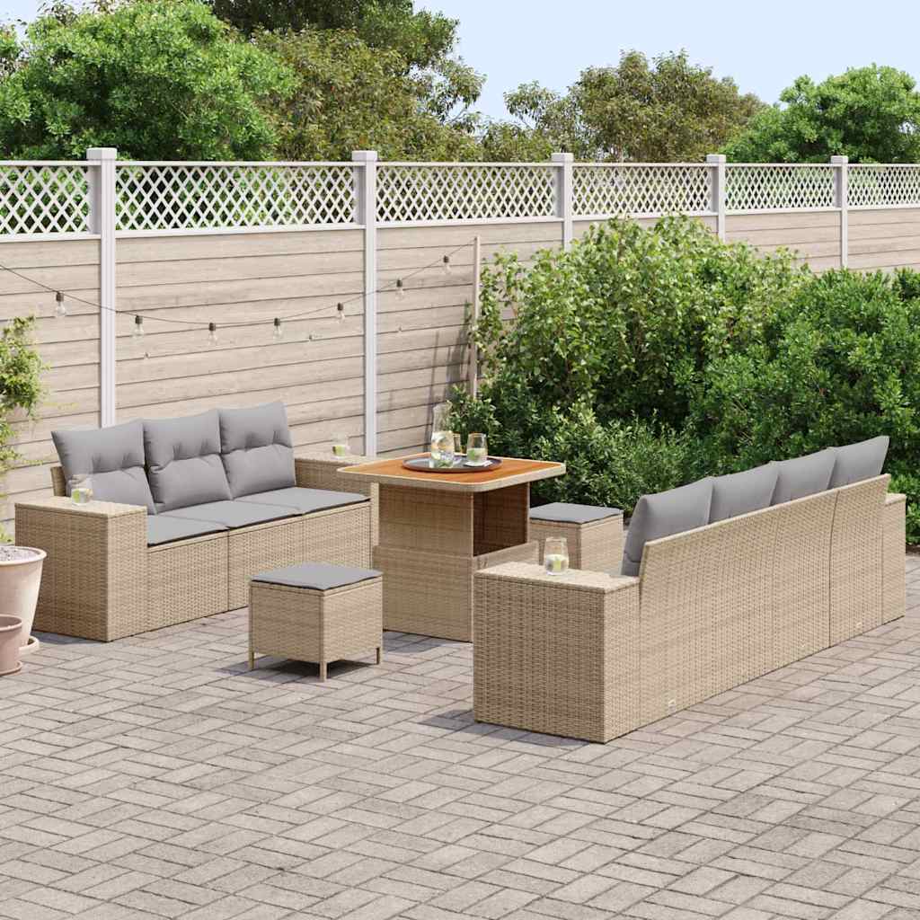 Havesofa Sæt med pude 10 pcs Beige og lys grå Poly Rattan
