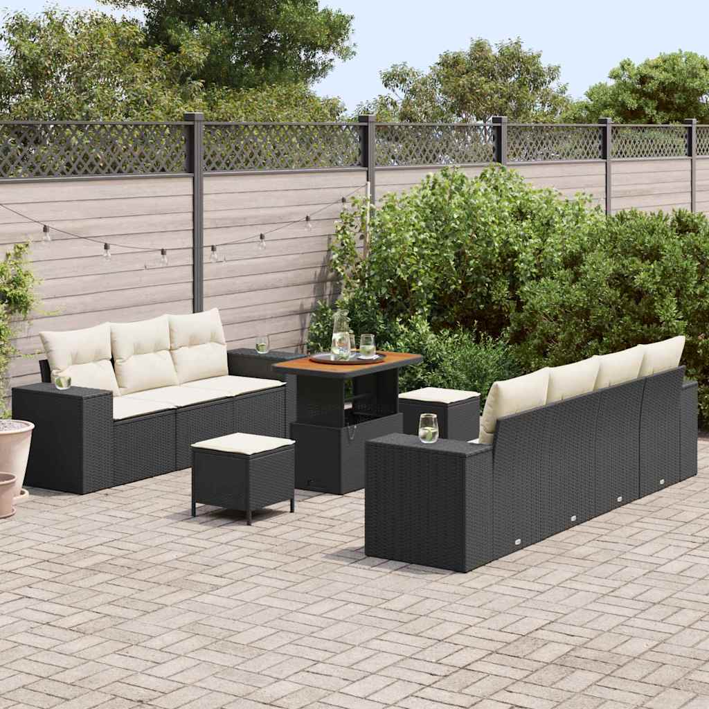 Havesofa Sæt med pude med pude 10 pcs Sort og Cream Poly Rattan