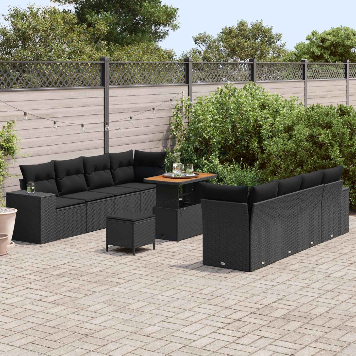 Havesofa Sæt med pude med opbevaring 11 pcs Sort polyrattan