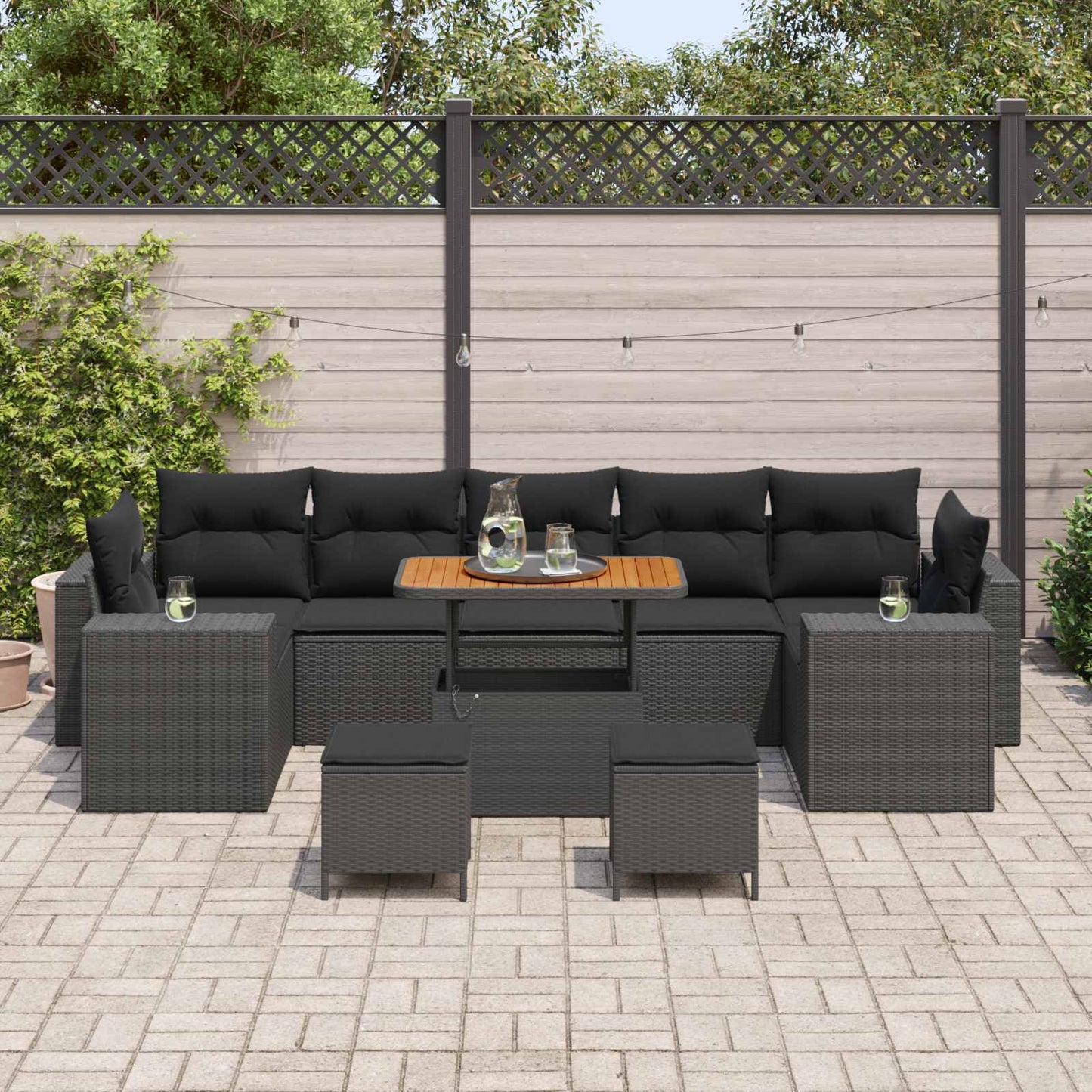 Havesofa Sæt 10 pcs Sort Polyrattan, stål og massivt akacietræ