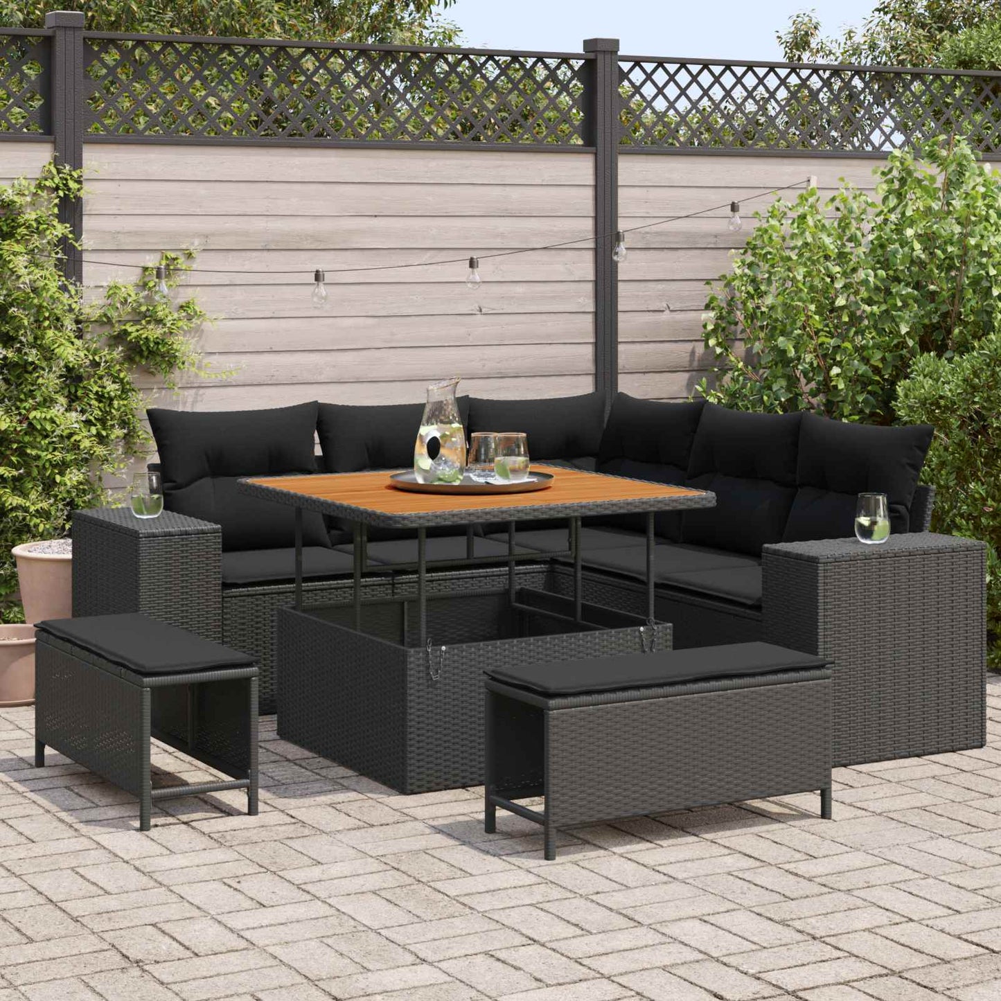 Havesofa Sæt med pude med opbevaring 8 pcs Sort polyrattan