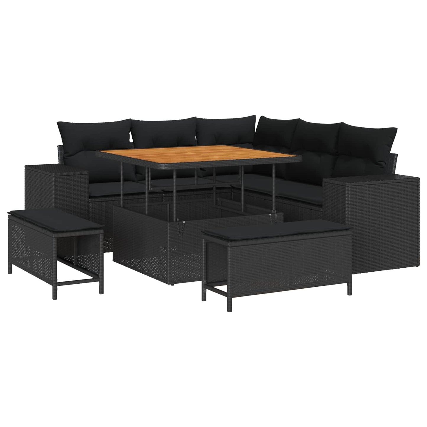 Havesofa Sæt med pude med opbevaring 8 pcs Sort polyrattan