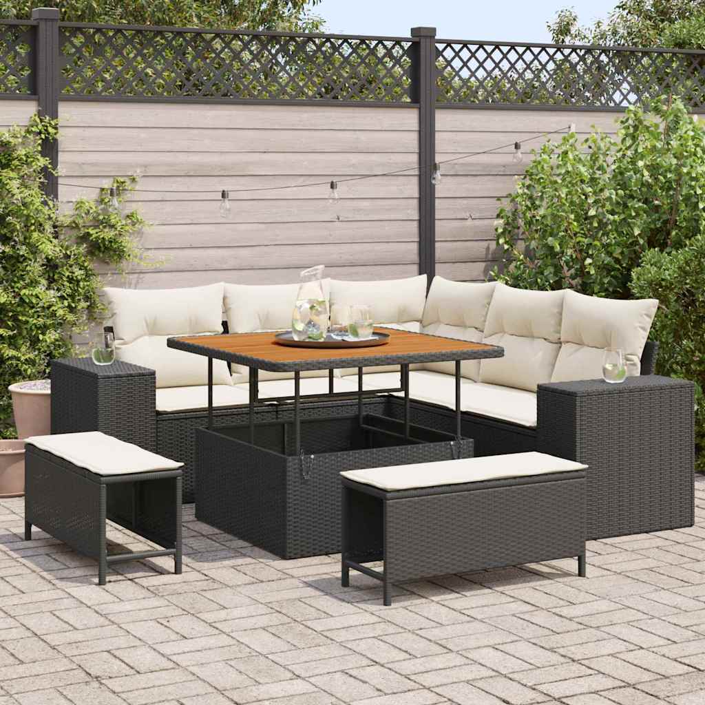 Havesofa Sæt med pude 8 pcs Sort og Cream polyrattan