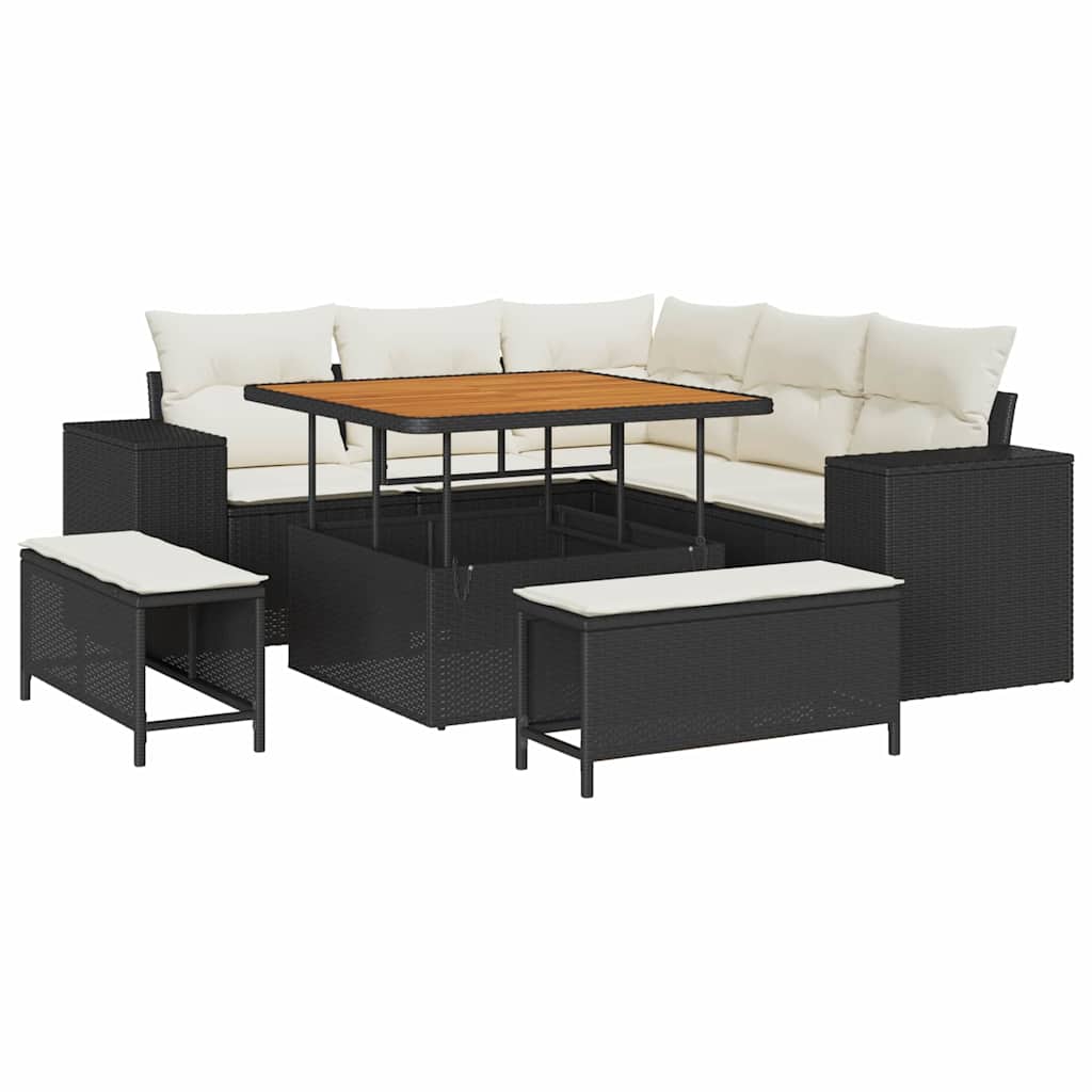 Havesofa Sæt med pude 8 pcs Sort og Cream polyrattan