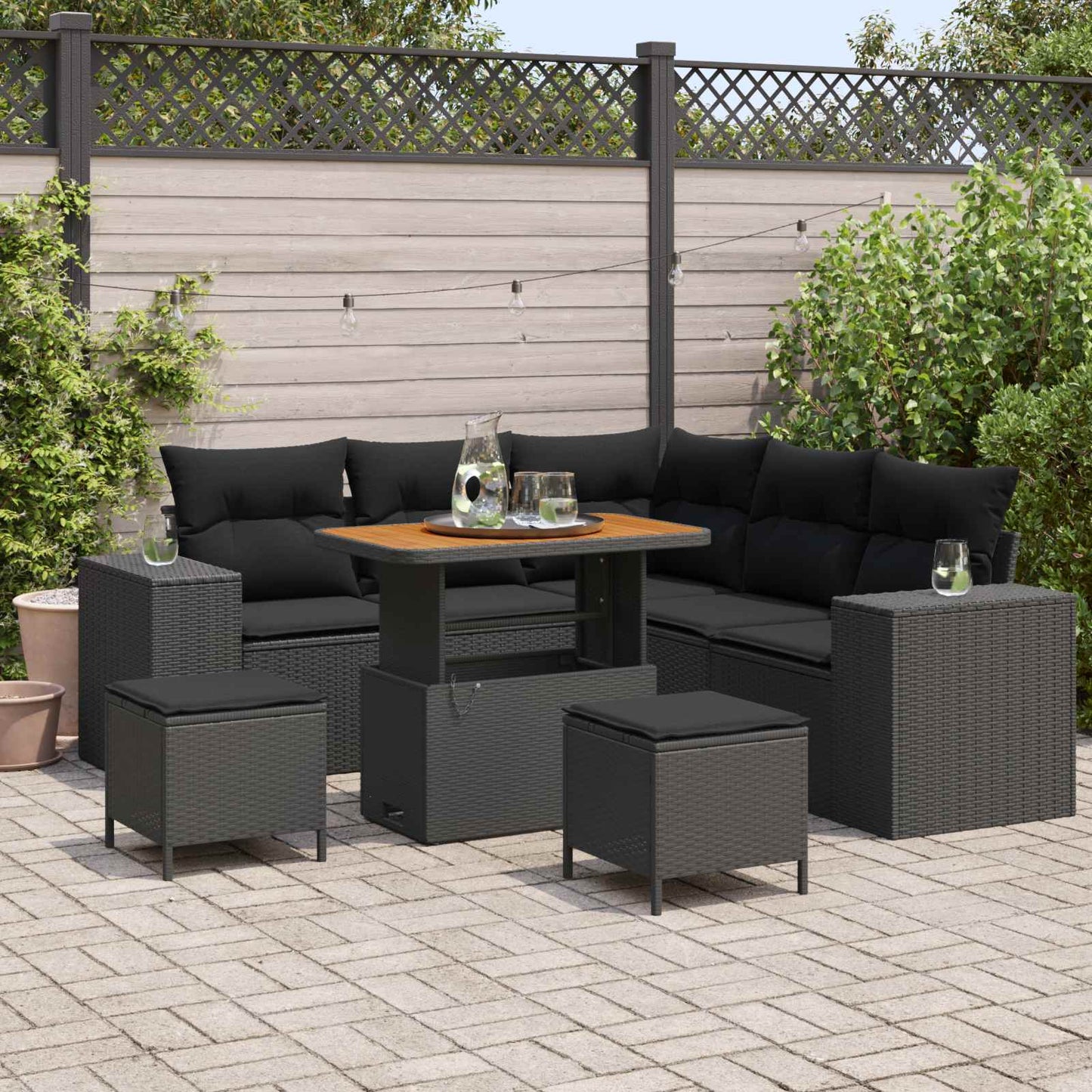 Havesofa Sæt med pude med opbevaring 8 pcs Sort polyrattan