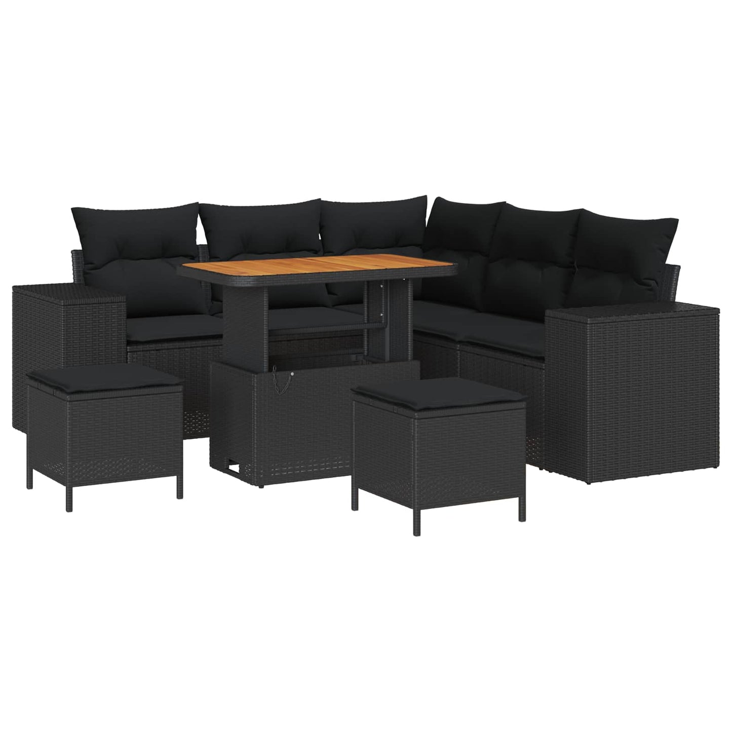 Havesofa Sæt med pude med opbevaring 8 pcs Sort polyrattan