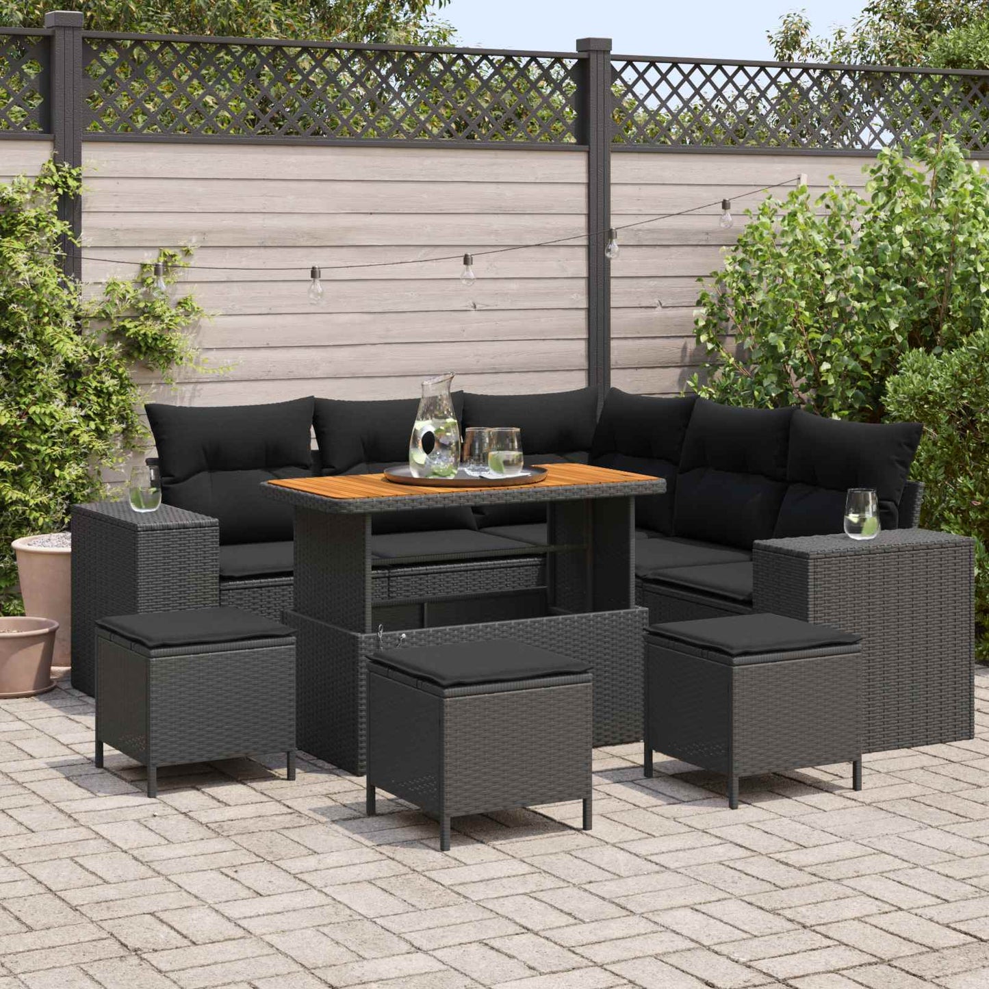 Havesofa Sæt med pude med opbevaring 9 pcs Sort polyrattan