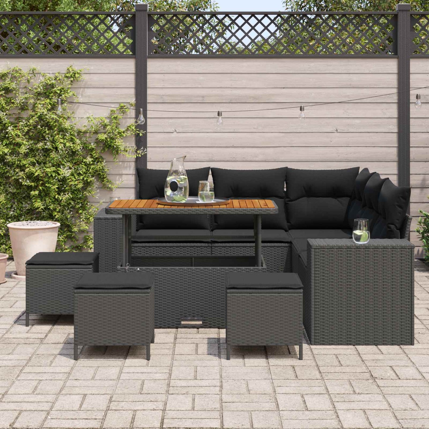 Havesofa Sæt med pude med opbevaring 9 pcs Sort polyrattan