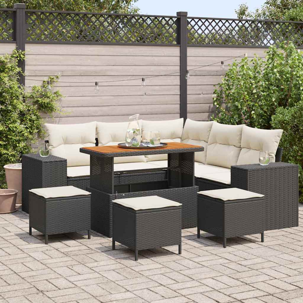 Havesofa Sæt med pude 9 pcs Sort og Cream polyrattan