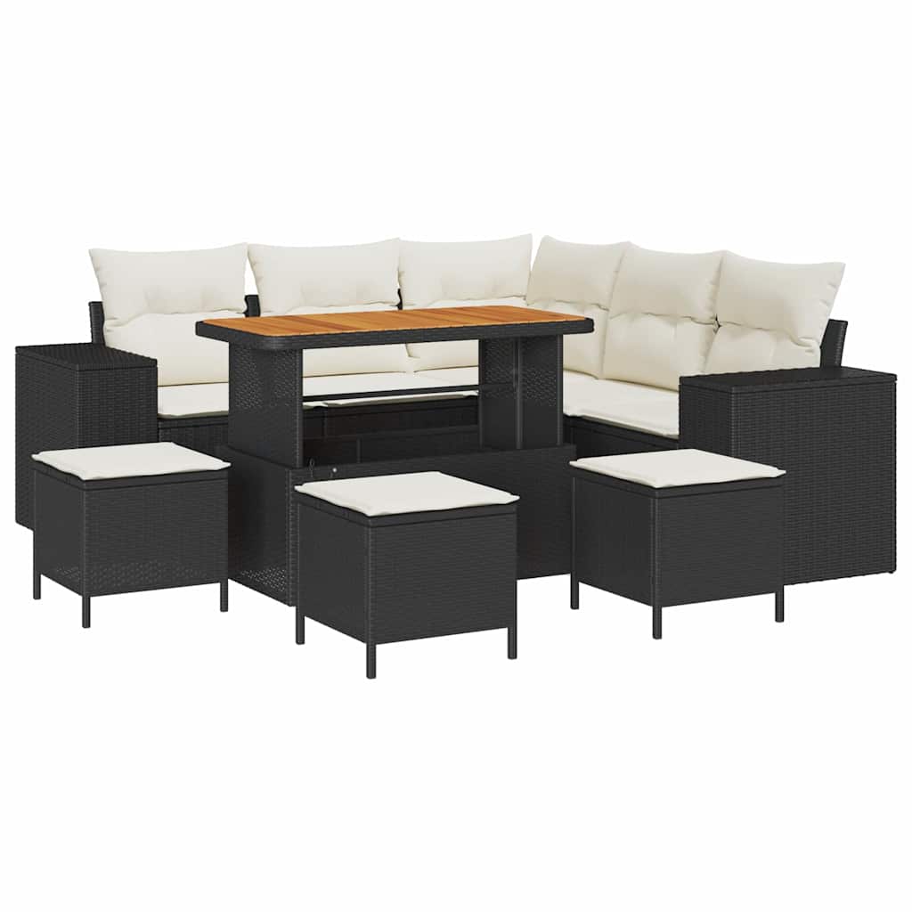 Havesofa Sæt med pude 9 pcs Sort og Cream polyrattan
