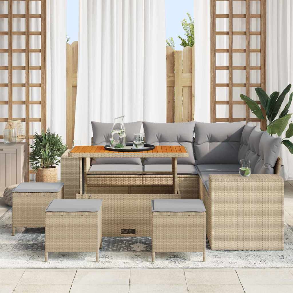 Havesofa Sæt med pude 9 pcs Beige og lys grå polyrattan