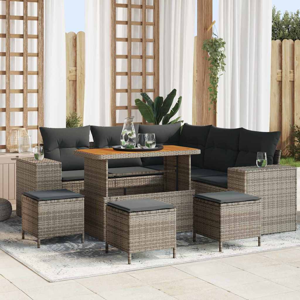 Havesofa Sæt med pude med opbevaring 9 pcs Grå polyrattan