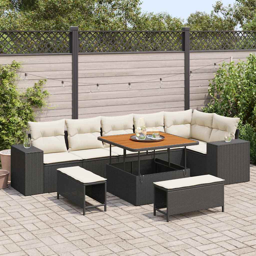 Havesofa Sæt med pude 9 pcs Sort og Cream polyrattan