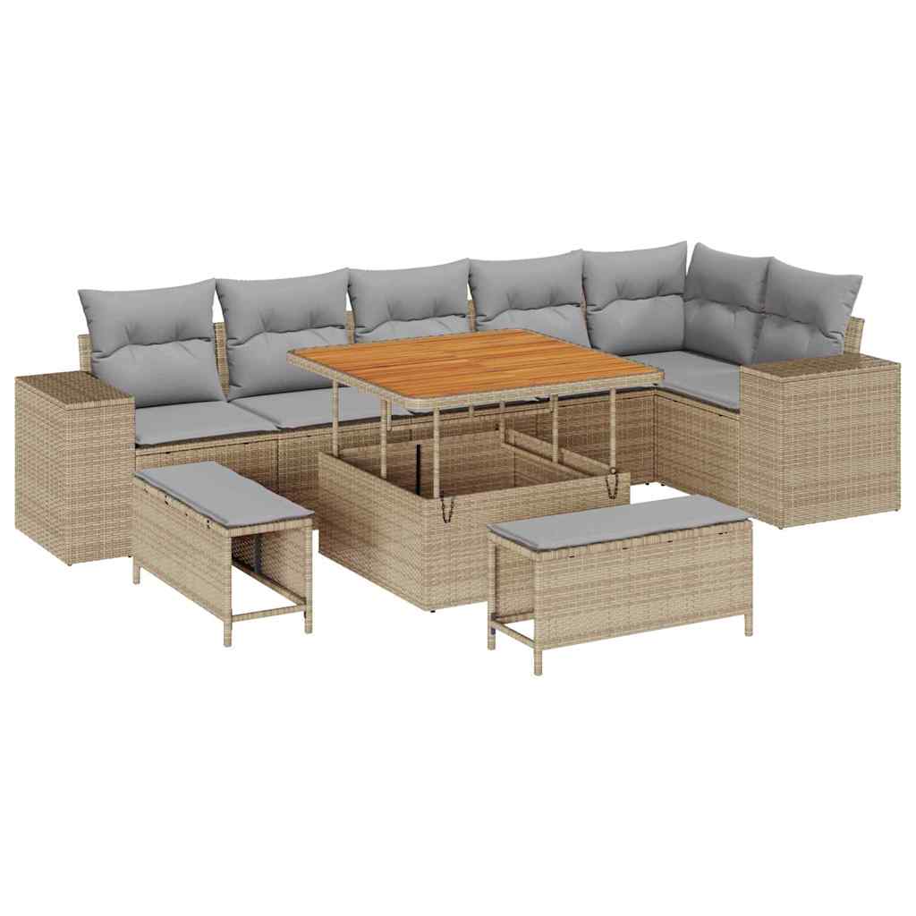 Havesofa Sæt med pude 9 pcs Beige og lys grå polyrattan