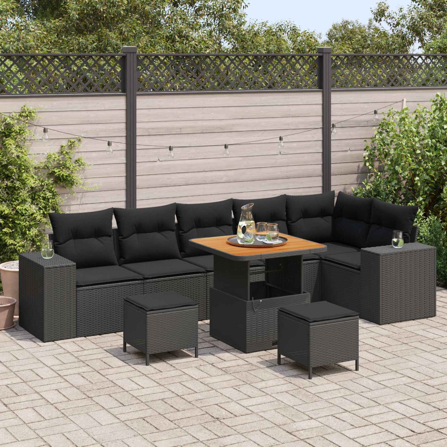 Havesofa Sæt med pude 9 pcs Sort polyrattan