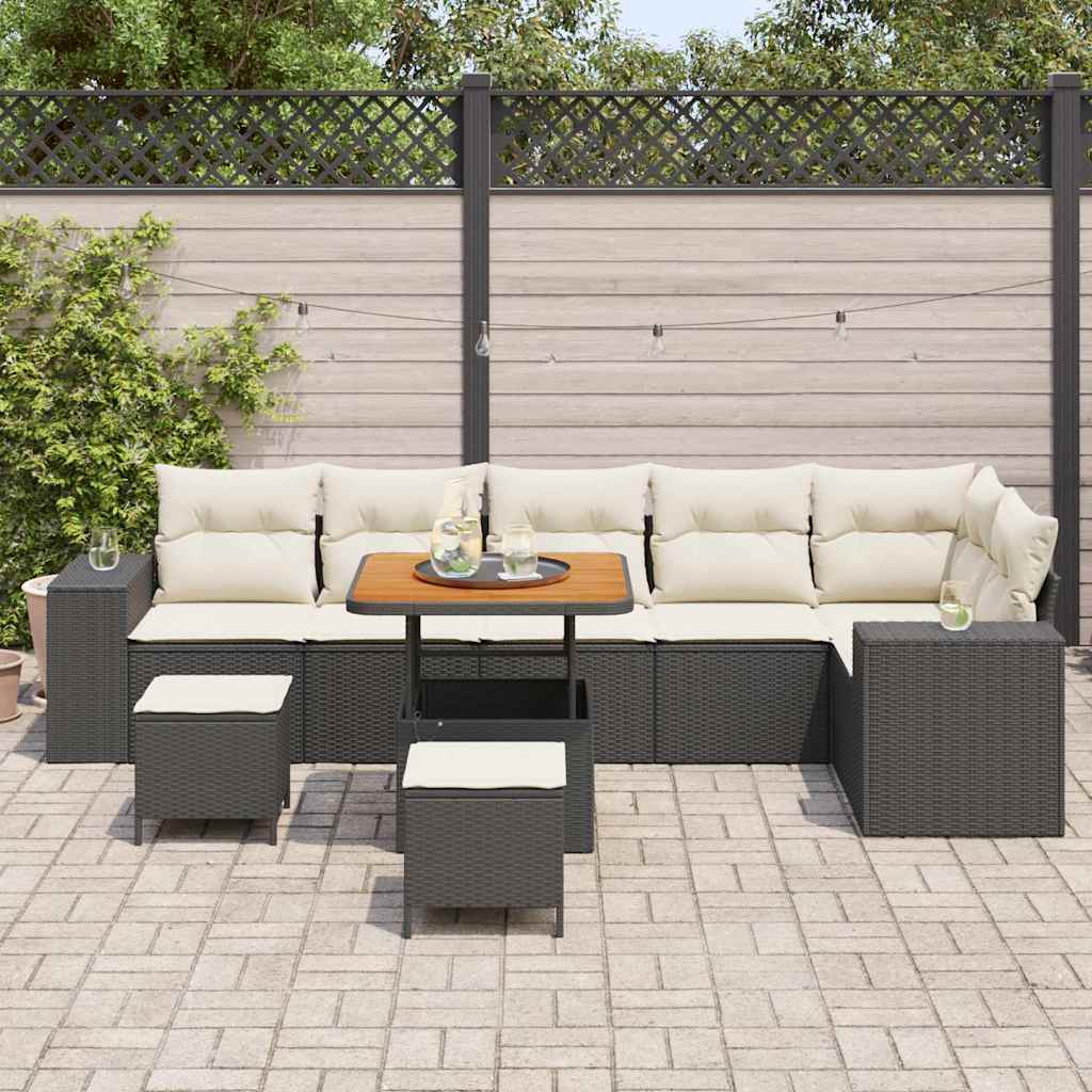 Havesofa Sæt med pude 9 pcs Sort og Cream polyrattan