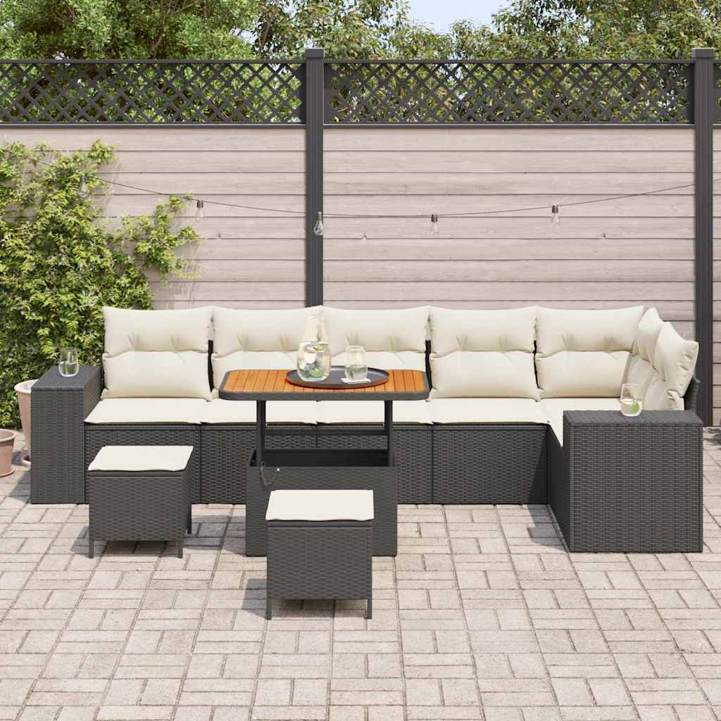 Havesofa Sæt med pude 9 pcs Sort og Cream polyrattan