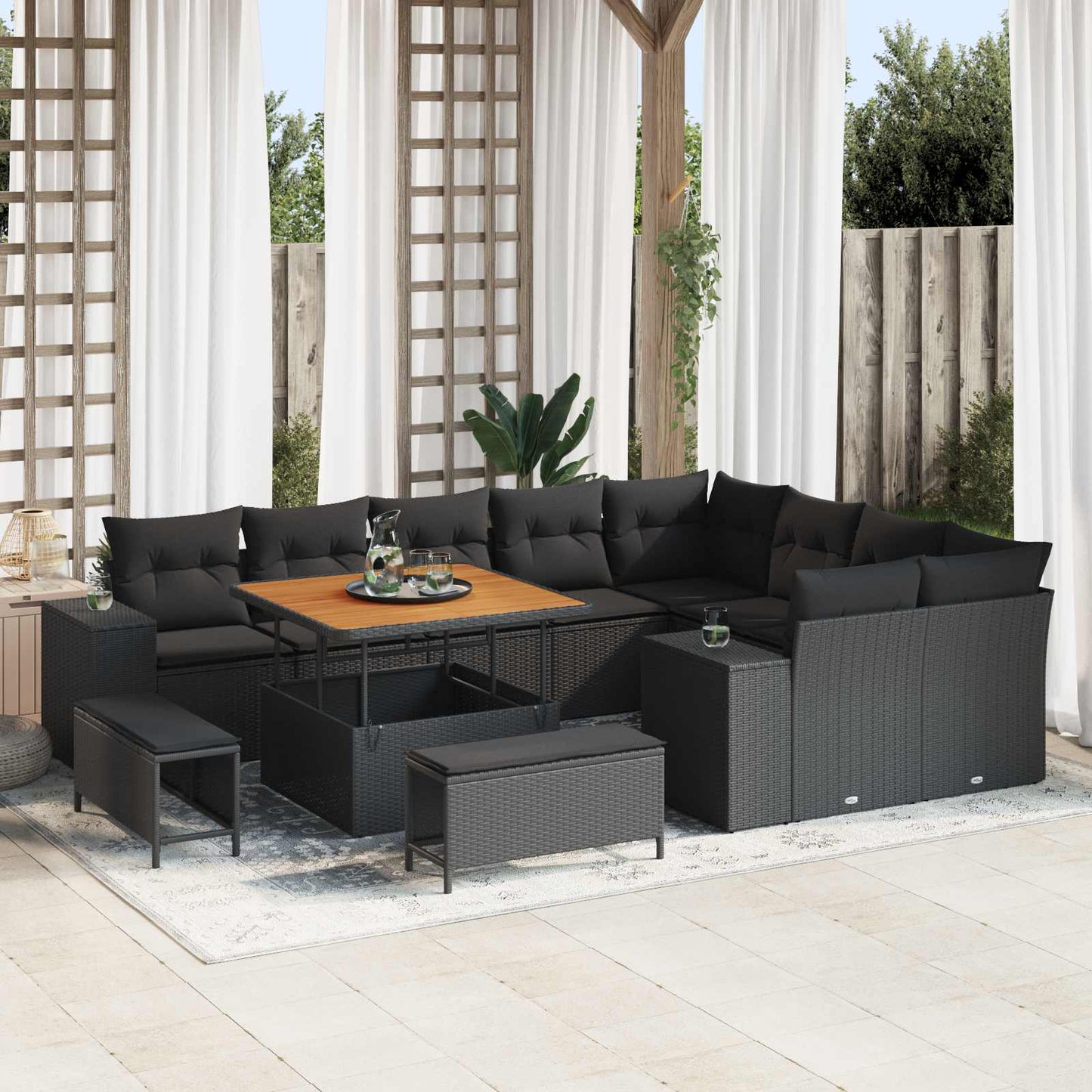Havesofa Sæt 12 pcs Sort Polyrattan, stål og massivt akacietræ