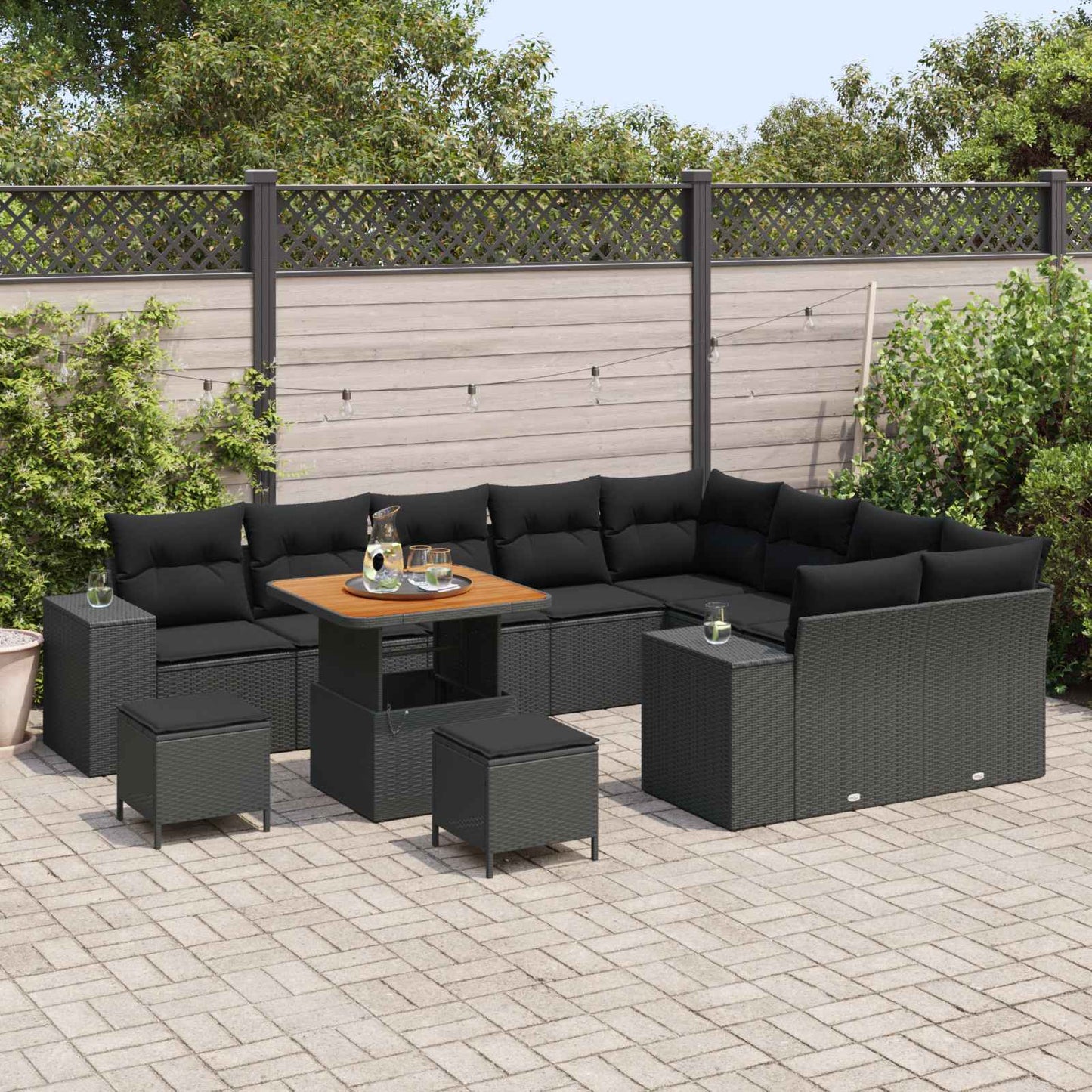 Havesofa Sæt 12 pcs Sort Polyrattan, stål og massivt akacietræ