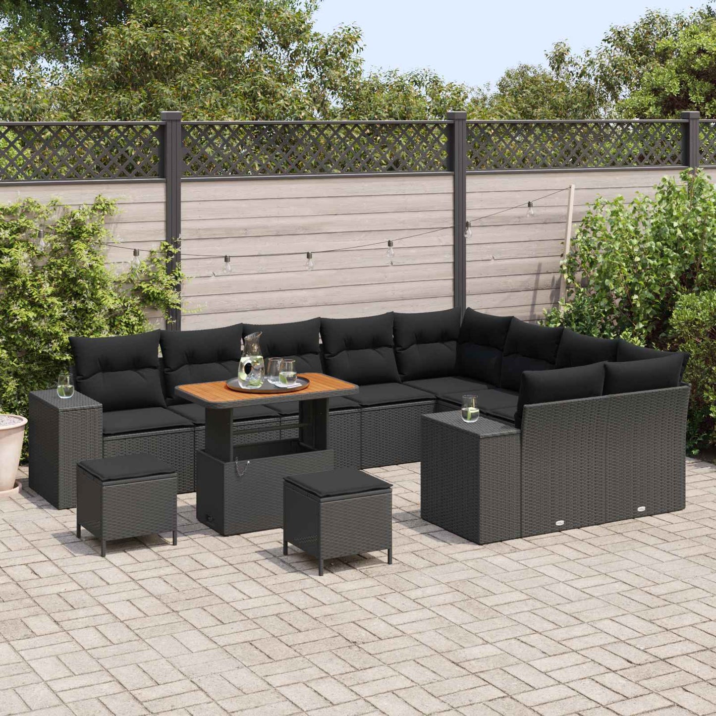 Havesofa Sæt 12 stk. 9-Antal sæder Sort polyrattan