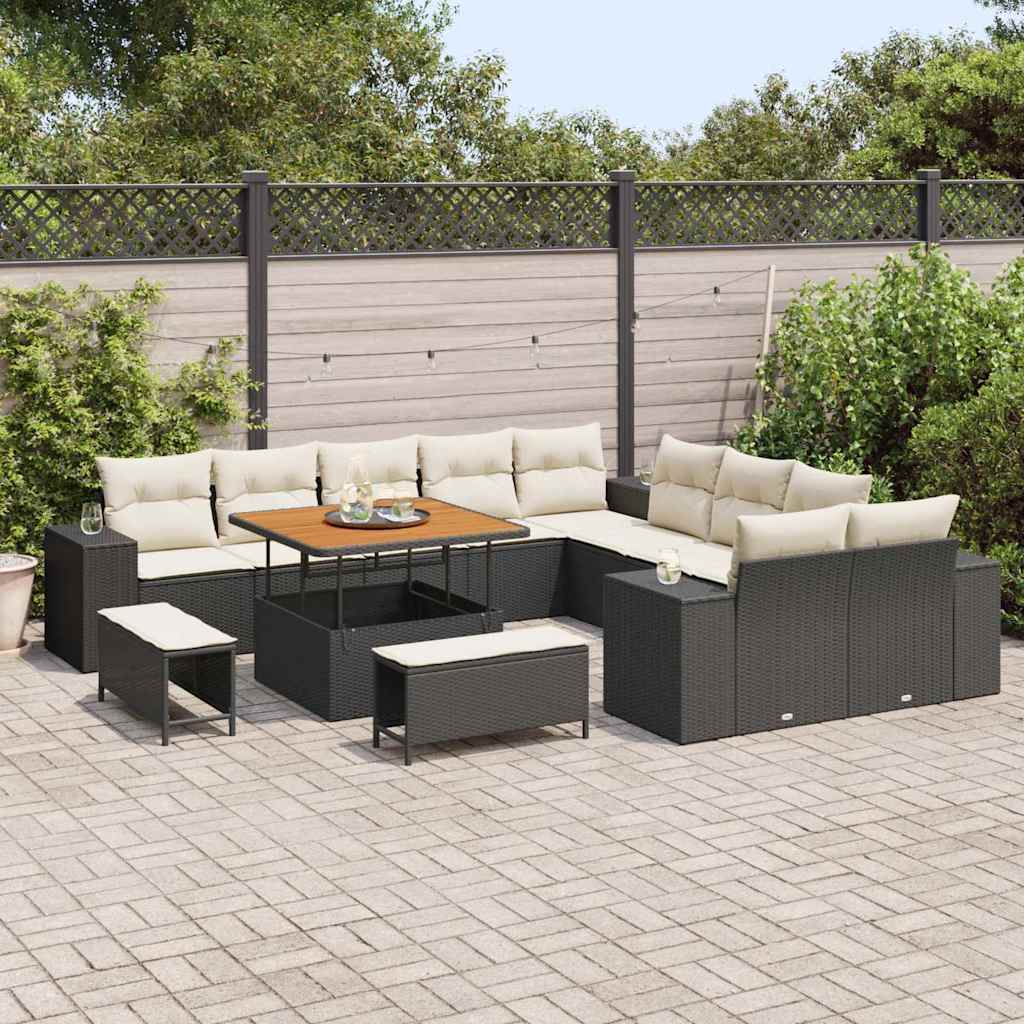Havesofa Sæt med pude 13 pcs Sort og Cream polyrattan