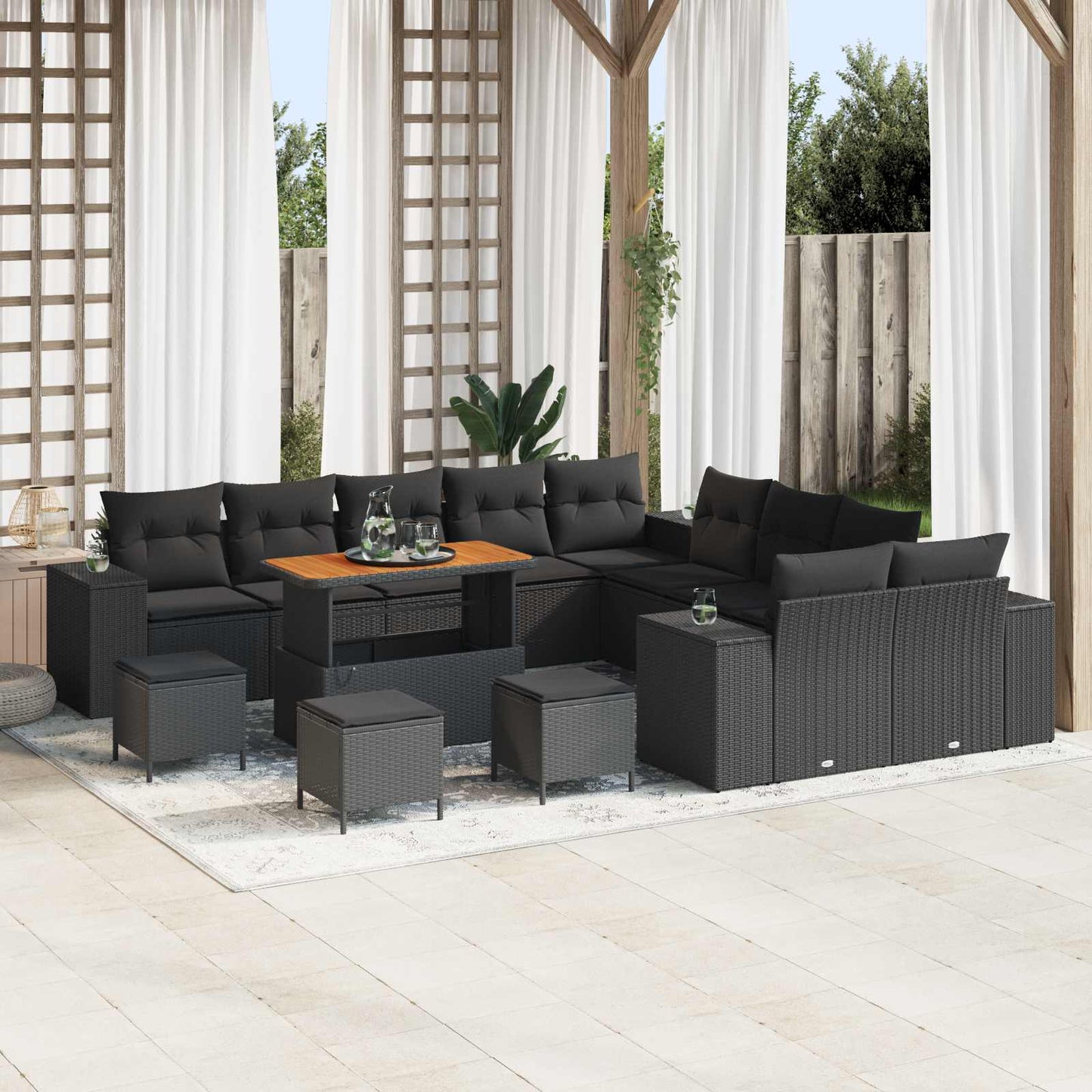 Havesofa Sæt med pude 14 pcs Sort polyrattan