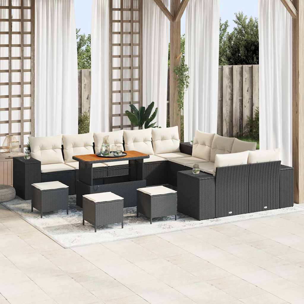 Havesofa Sæt med pude 14 pcs Sort og Cream polyrattan