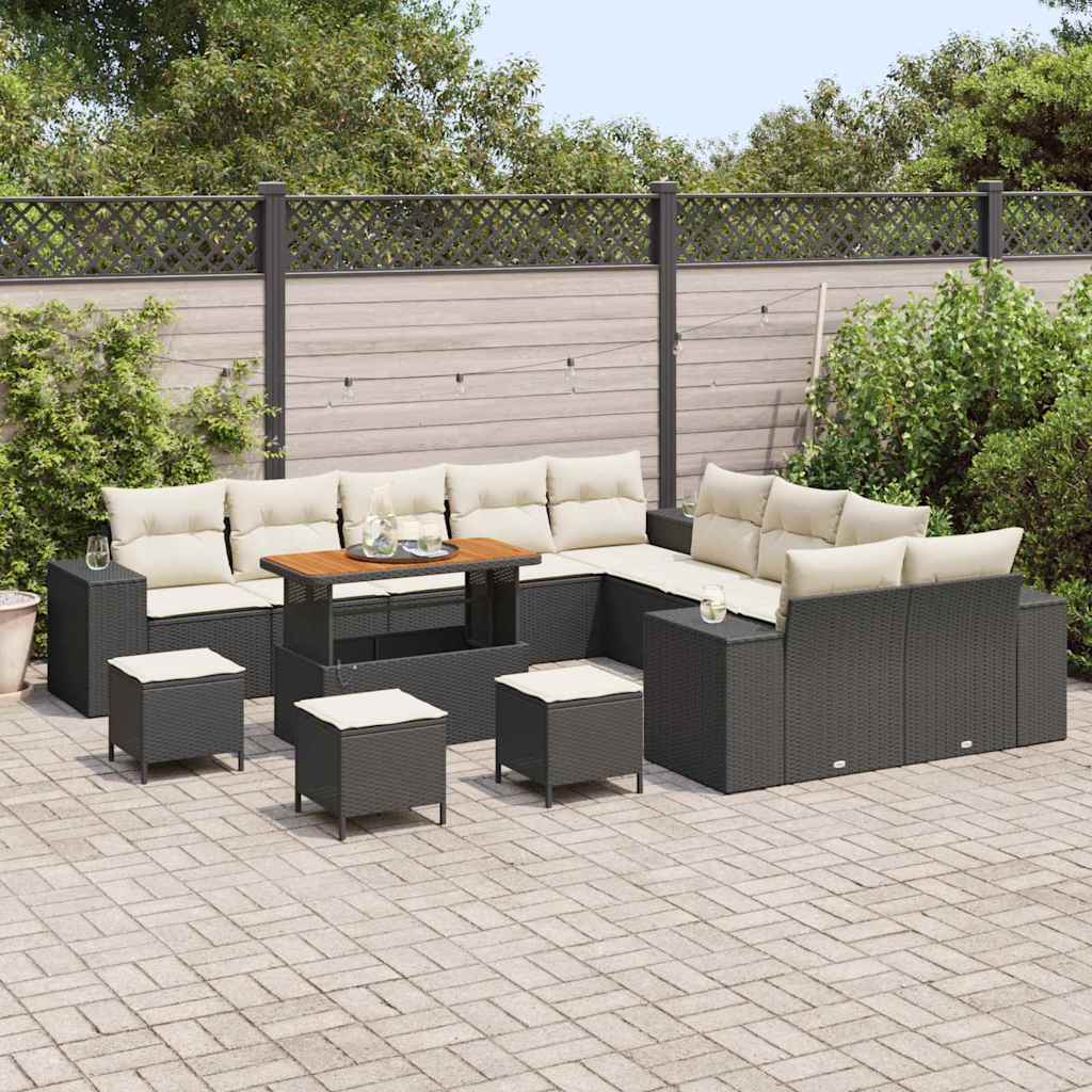 Havesofa Sæt med pude 14 pcs Sort og Cream polyrattan