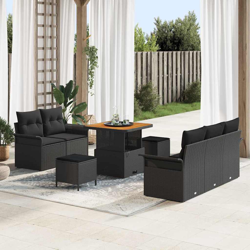 Havesofa sæt 8 dele - sort polyrattan, stål og massivt akacietræ