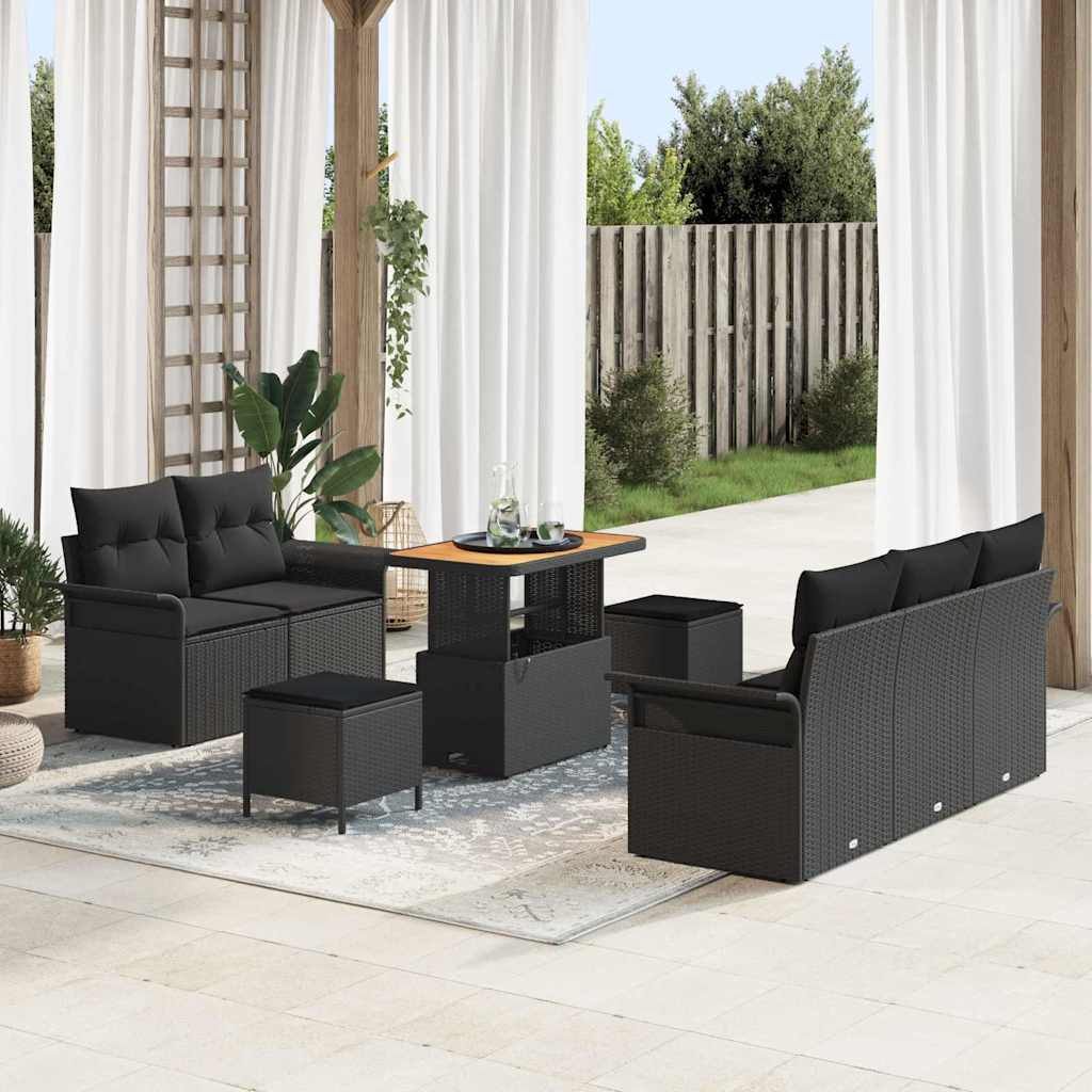 Havesofa sæt 8 dele - sort polyrattan, stål og massivt akacietræ